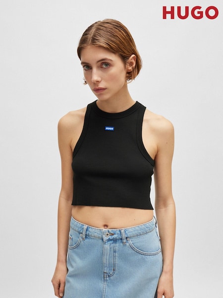 HUGO Blue Black Stretch Cotton Cropped Tank Top With Logo Label (E42348) | AED113