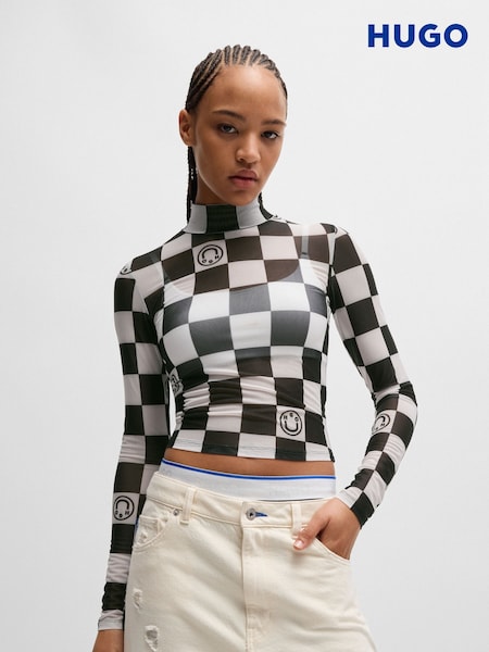 HUGO Blue Black HUGO Cropped Top Checkered Board Print Stretch Mesh (E42349) | €43.50