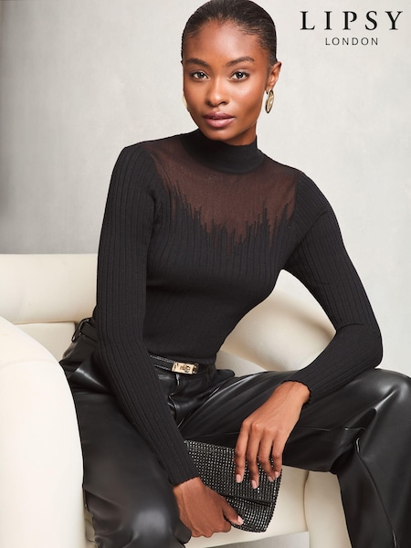 Lipsy Black Sheer Staggered Insert Knit Jumper (E42371) | €21