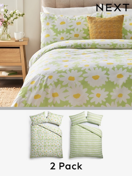 2 Pack Green Floral Daisy Reversible Duvet Cover and Pillowcase Set (E42770) | €36 - €78