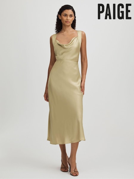 Paige Olive Silk Satin Cowl Neck Midi Dress (E42826) | €623