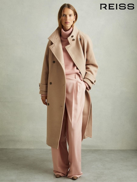 Reiss Neutral Prim Wool Blend Double Breasted Funnel Neck Coat (E42831) | €245
