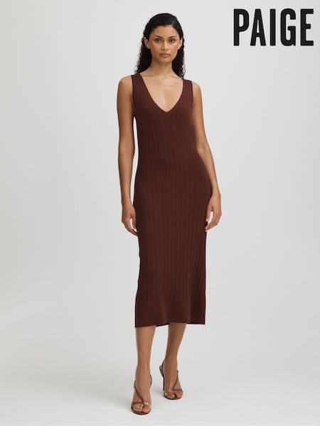 Paige Ribbed Bodycon Midi Brown Dress (E42840) | 1,386 QAR