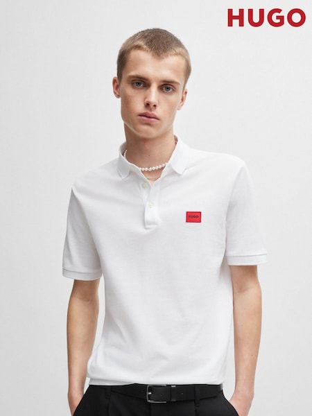 أبيض - HUGO 100% Cotton Piqué Logo Label Slim Fit Polo Shirt (E42960) | ‏259 د.إ.‏