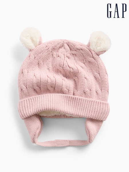 Pink - Gap Sherpa-lined Cable-knit Bear Beanie
