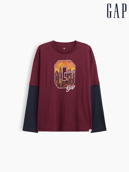 Burgundy Skyline - Gap Relaxed Graphic Long Sleeve T-shirt (4-13yrs)