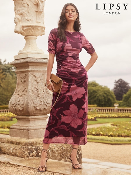 Lipsy Short Sleeve Floral Mesh Midi Dress (E43407) | 247 LEI