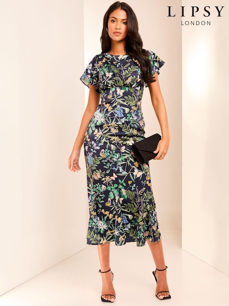 Lipsy Navy Blue Flutter Sleeve Underbust Midi Dress (E43409) | €55