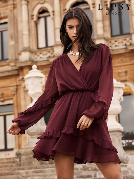 Lipsy Burgundy Red V Neck Ruffle Long Sleeve Chiffon Mini Dress (E43416) | AED114
