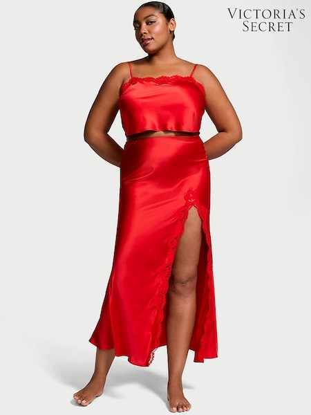 Victoria's Secret Vermillion Red Satin Lace-Trim Cropped Top & Slip Skirt Set (E43458) | €98
