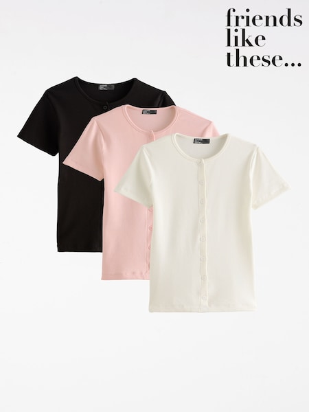 Black/White/Pink - Friends Like These Mga Pang-itaas na May Maikling Manggas na May Butones 3 Pack