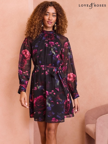 Love & Roses Black Floral Petite Keyhole Detail Mini Dress (E43809) | $46