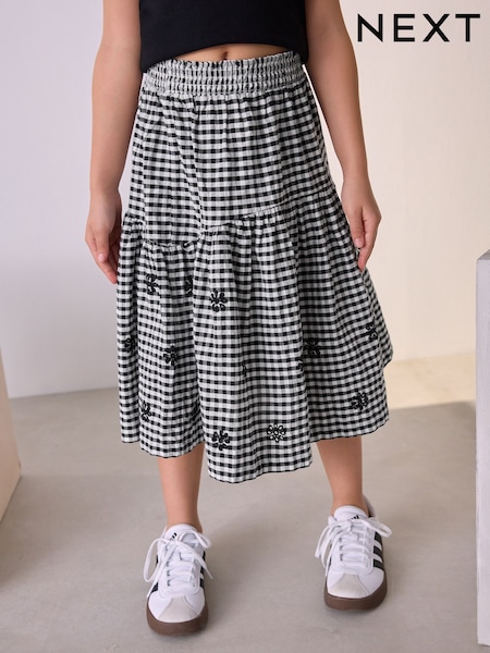 שחור/לבן - 100% Cotton Gingham Boho Skirt (3-16yrs) (E43873) | ‏88‏₪ - ‏109‏ ₪