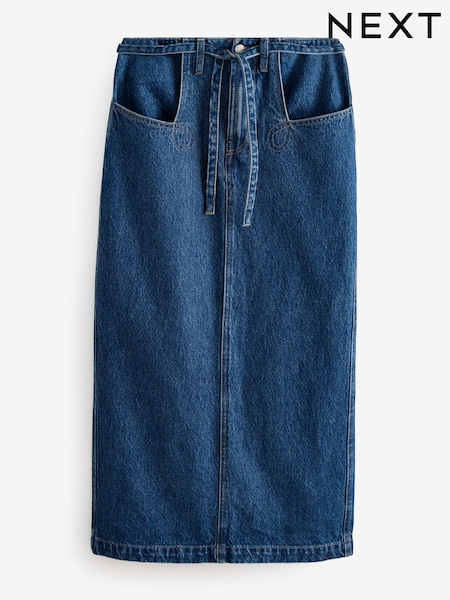 Azul medio - 100% Cotton Hourglass Belted Pocket Stitch Midi Skirt (E44057) | 53 €