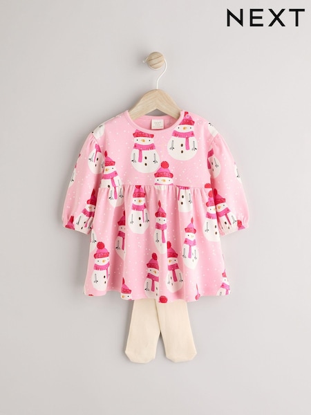 وردي الرجل الثلجي - Christmas Baby Jersey 100% Cotton Dress With Tights Set (0mths-2yrs) (E44146) | ‏4 ر.ع.‏ - ‏5 ر.ع.‏