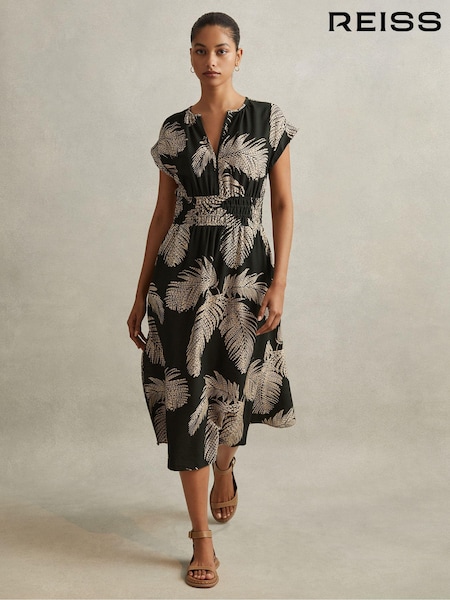 Reiss Khaki Colby Tropical Print Elasticated Waist Midi Dress (E44186) | €140