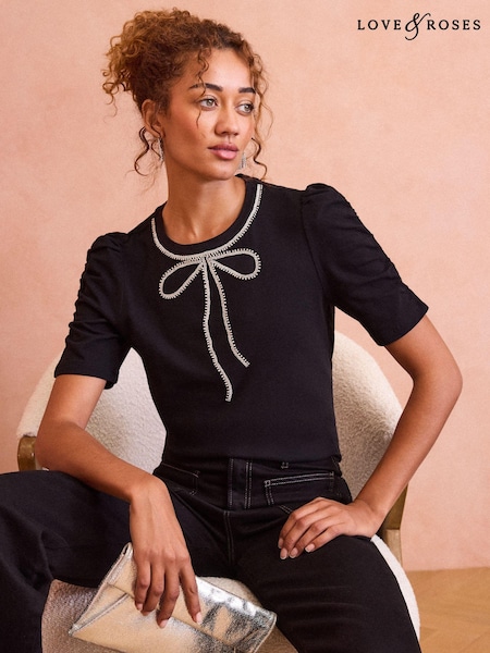 Love & Roses Black Bow Embellished Ruched Sleeve T-Shirt (E44207) | € 35