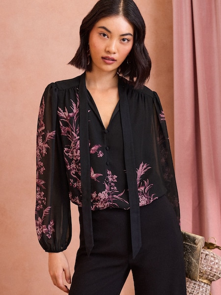 Love & Roses Printed Pussybow Long Sleeve Blouse (E44221) | 188 LEI