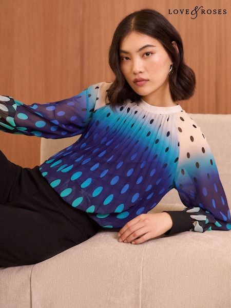 Love & Roses Blue Ombre Polka Dot High Neck Pleated Long Sleeve Blouse (E44230) | €22.50