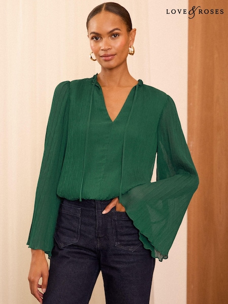 Love & Roses Pleated V Neck Flute Sleeve Blouse (E44232) | 165 LEI