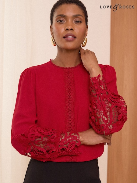Красный - Love & Roses Lace Cuff Crew Neck Blouse (E44244) | €26