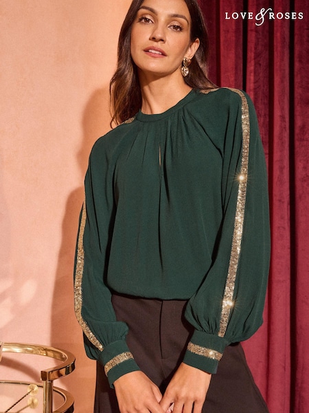 Love & Roses Dark Green Crew Neck Sequin Trim Long Sleeve Blouse (E44248) | 96 QAR