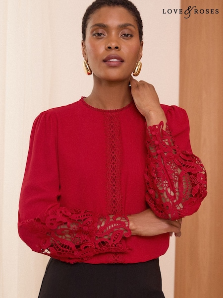 Красный - Love & Roses Lace Cuff Crew Neck Blouse (E44253) | €26