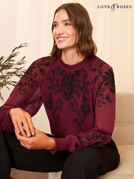 Love & Roses Red Embroidered High Neck Long Sleeve Blouse (E44257) | AED151