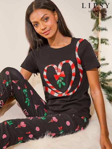 Lipsy Black Candy Cane Christmas Jersey Pyjama Trousers Set (E44278) | €17