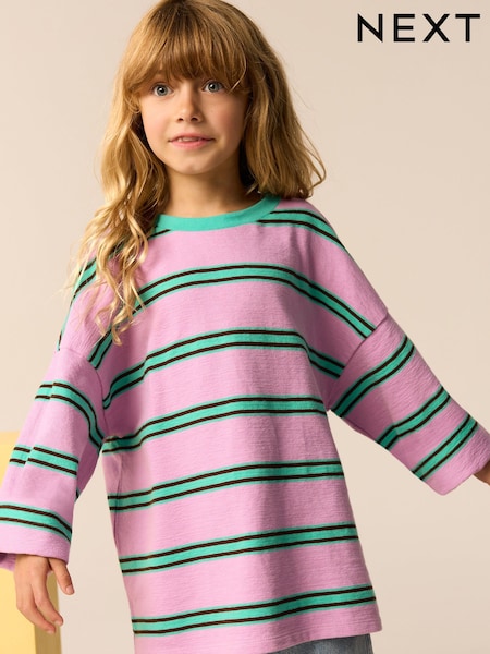 Pink/Green Oversized Long Sleeve Textured 100% Cotton T-Shirt (3-16yrs) (E44323) | AED32 - AED42