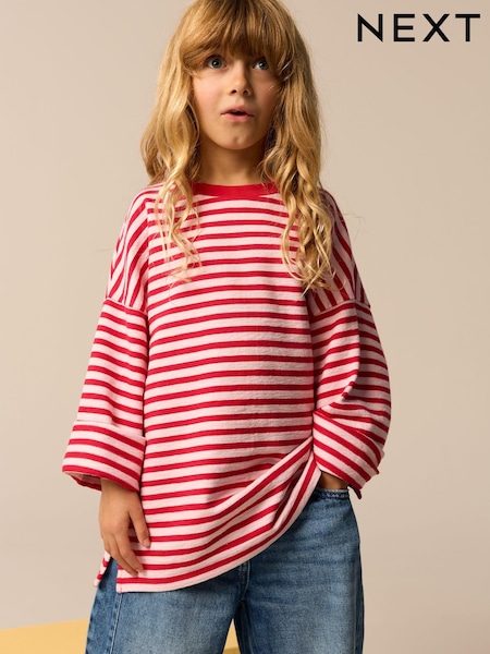 Red/Pink Oversized Long Sleeve Textured 100% Cotton T-Shirt (3-16yrs) (E44332) | 31 QAR - 41 QAR