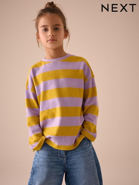 Purple/Ochre Oversized Long Sleeve Textured 100% Cotton T-Shirt (3-16yrs) (E44333) | AED32 - AED42