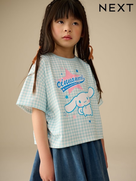 Blue Gingham Cinnamoroll Ruche Side 100% Cotton T-Shirt (3-16yrs) (E44364) | €21 - €29