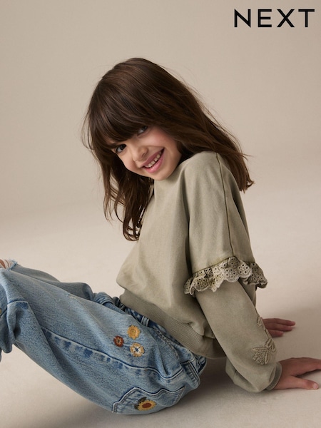 Khaki Vihreä - 100% Cotton Embroidered Boxy Pitkä hiha Collegepaita (3-16v.) (E44406) | €17 - €23