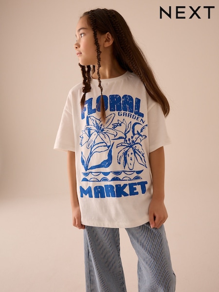 White/Blue Floral Garden Oversized Graphic T-Shirt (3-16yrs) (E44409) | 31 QAR - 48 QAR