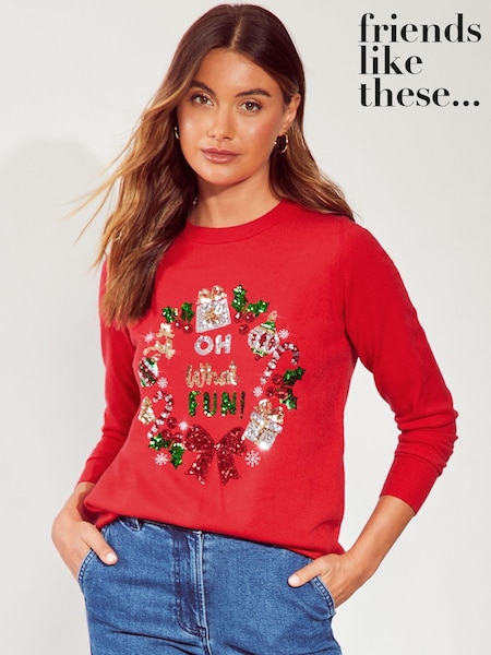 Friends Like These Red Sequin Christmas Jumper. (E44418) | AED122