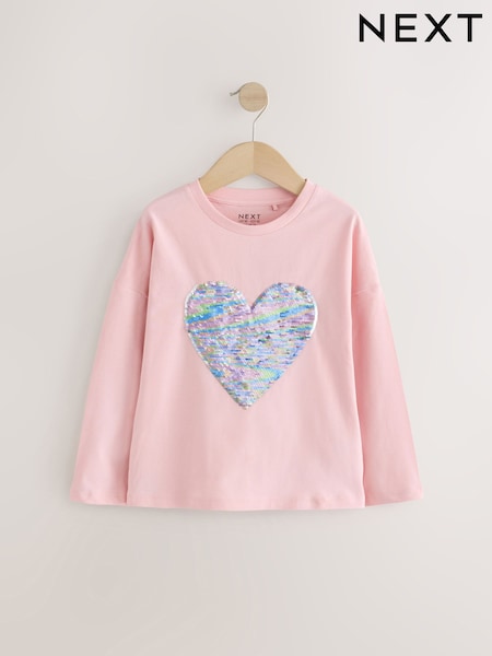 Light Pink 100% Cotton Sequin Heart Long Sleeve T-Shirt (3-16yrs) (E44424) | AED61 - AED86