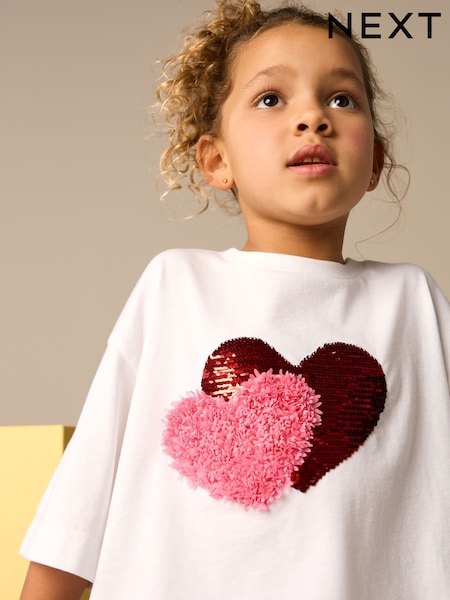 White Sequin Heart Print T-Shirt (3-16yrs) (E44428) | EGP600 - EGP900