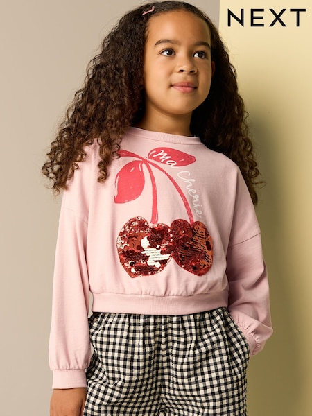 Pink Sequin Cherry Boxy Long Sleeve 100% Cotton Sweatshirt (3-16yrs) (E44429) | kr200 - kr284