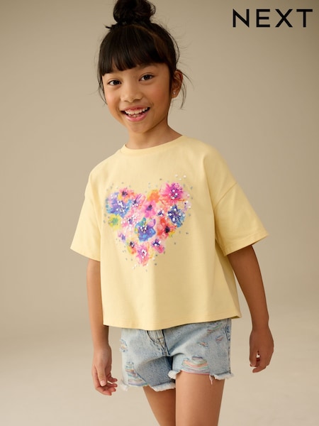 Yellow 100% Cotton Sequin Heart Print T-Shirt (3-16yrs) (E44432) | €14 - €21