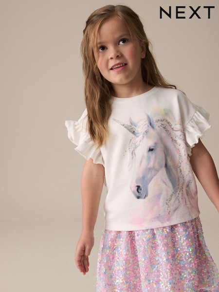 Ecru Sequin Unicorn Frill Sleeve T-Shirt (3-16yrs) (E44433) | €14 - €20
