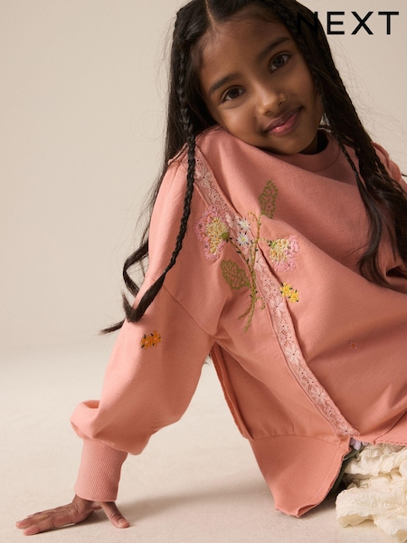 Poskipuna Vaaleanpunainen - Oversized Embroidered Floral Print 100% Cotton Sweatshirt with Raw Edge Detail (3-16yrs) (E44434) | €17 - €23