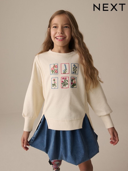 Розовый - Oversized Embroidered Floral Print 100% Cotton Sweatshirt with Raw Edge Detail (3-16yrs) (E44435) | €16 - €22