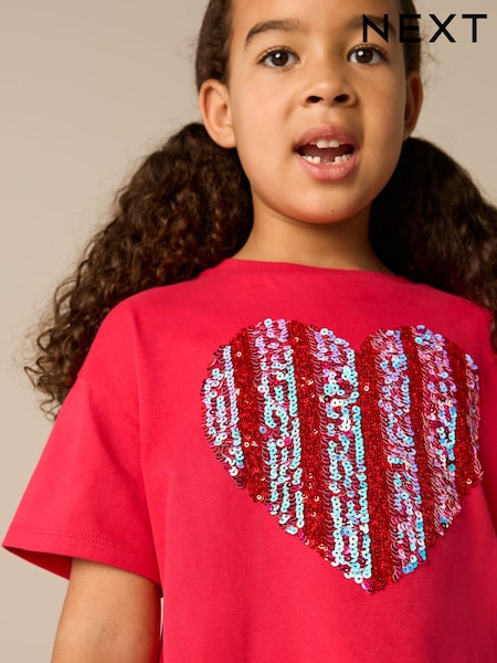 Red 100% Cotton Sequin Heart Print T-Shirt (3-16yrs) (E44442) | €14 - €21
