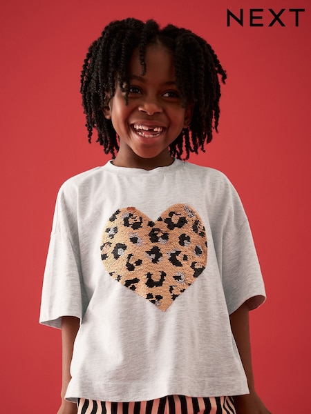 Grey Sequin Heart Print T-Shirt (3-16yrs) (E44443) | 412 UAH - 618 UAH