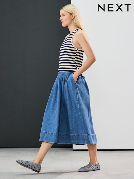 ג'ינס בצבע כחול בינוני - Full A-line Denim 100% Cotton Midi Skirt (E44545) | ‏113‏₪