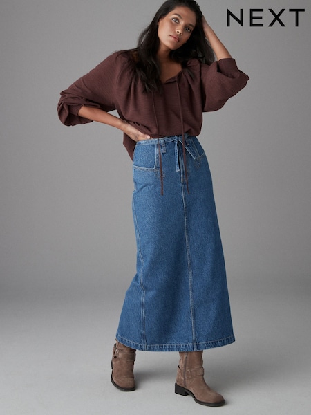 Mid Blue 100% Cotton Belted Pocket Stitch Midi Skirt (E44546) | €45