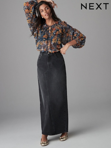 שחור - Maxi Denim 100% Cotton Skirt (E44547) | ‏120‏₪