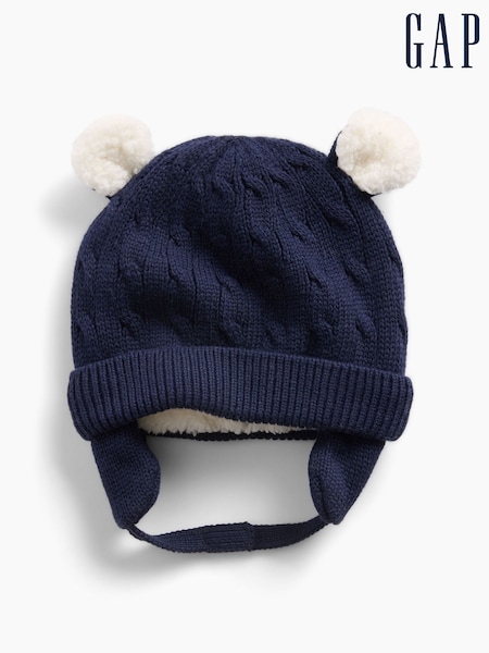 Navy - Gap Sherpa-lined Cable-knit Bear Beanie