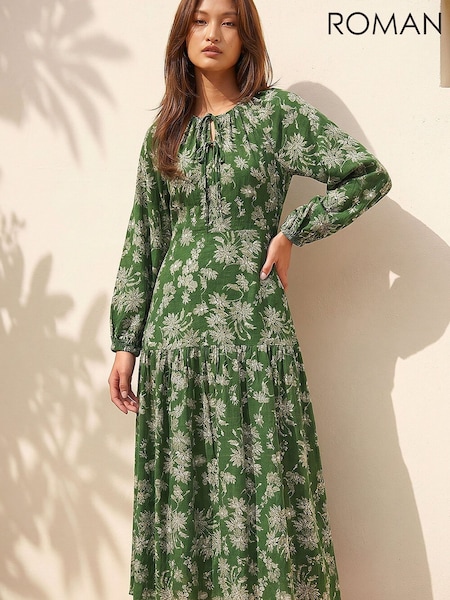 Green - Roman Floral Keyhole Tie Midi Dress